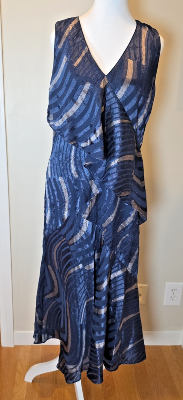 Lafayette 148 New York Textured Metallic Ruffle Midi Dress Travel Navy M